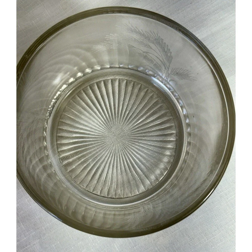 Vintage Clear Glass Ice Bucket Engraved Wheat Scene Pressed Glass Starburst MCM